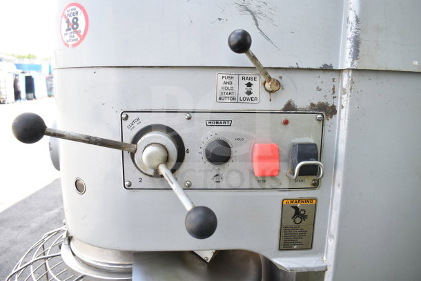 Hobart M-802 commercial mixer control panel, gray with dials and levers, used condition, 200V, 3 phase.