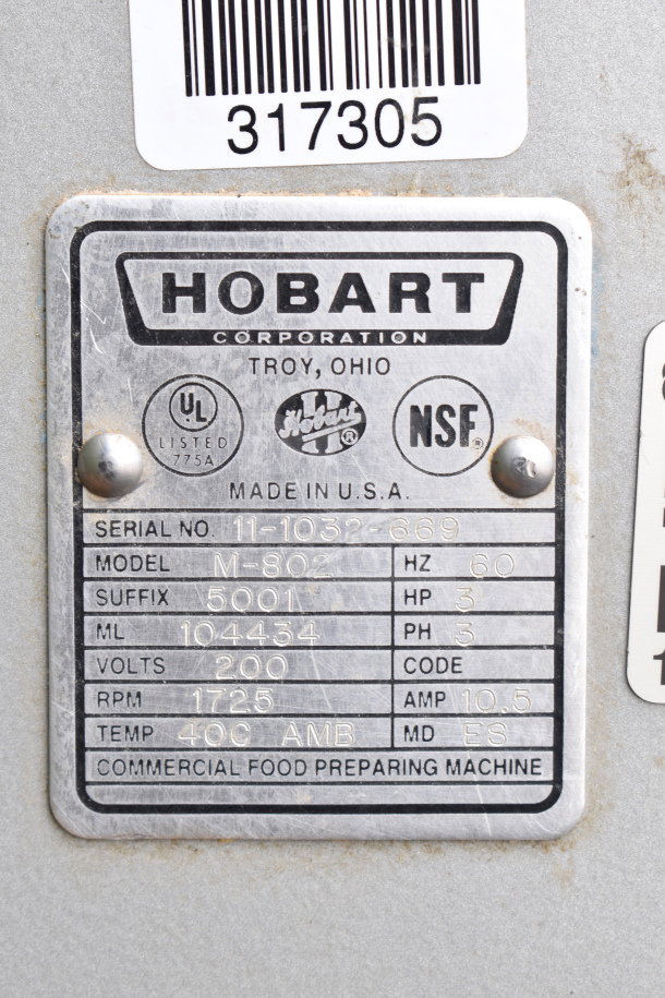 Hobart M-802 Commercial 80 Quart Mixer, includes bowl guard, adapter, and dough hook. Model tag shows 200V, 3 Phase.