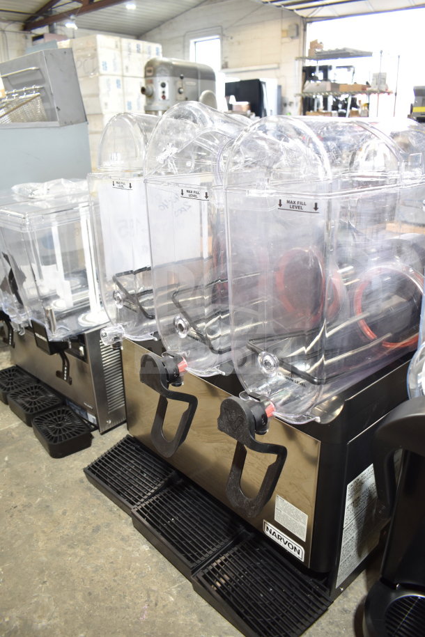 Brand new Narvon 378RBD5G3 triple 5-gallon refrigerated beverage dispenser, minor scratches, clear bowls, 115 volts.