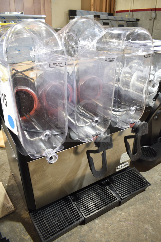 Brand new Narvon 378RBD5G3 Triple 5-Gallon Bowl Refrigerated Beverage Dispenser; 115V; slight scratches visible.