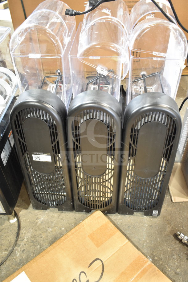Brand new Narvon 378RBD5G3 triple 5-gallon bowl beverage dispenser, 115V, visible scratch and dent, perfect for chilling drinks.