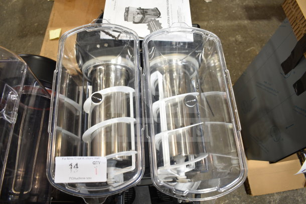 Brand new Bunn 58000.0012 Ultra NX slushy machine, double 3-gallon, black with flat lids, 120 volts, 1 phase, labels visible.