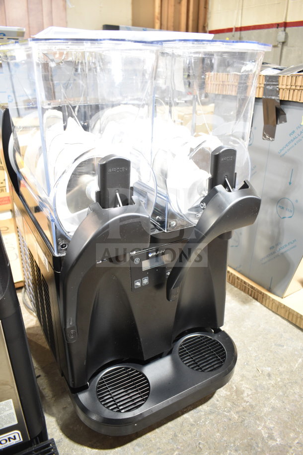 Brand new 2025 Bunn ULTRA NX black double slushy machine, 3-gallon capacity, slight blemishes, flat lids, 120V, 1 phase.