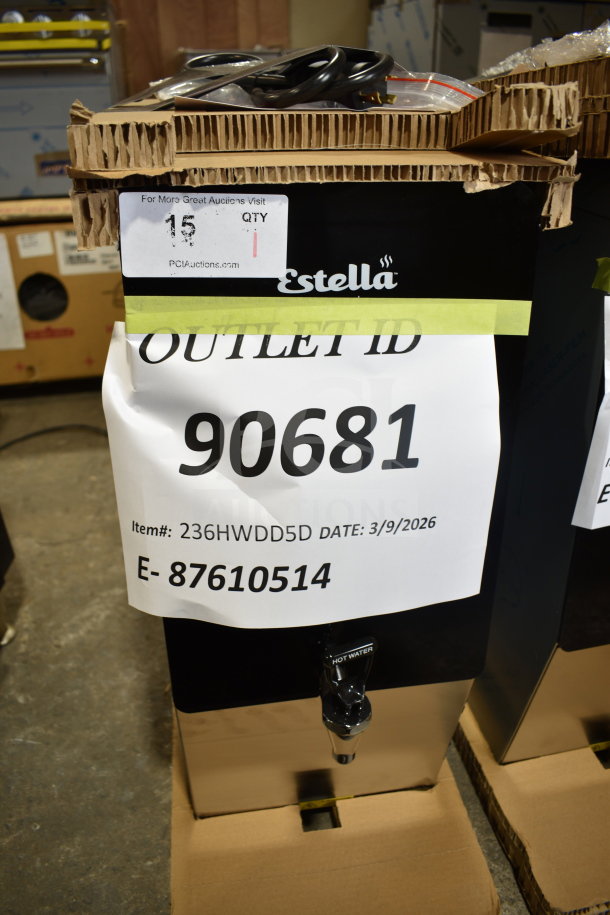 Brand new Estella 236HWDD5D MT25 countertop 5-gallon hot water dispenser. Scratch and dent condition. 230 volts, 1 phase.