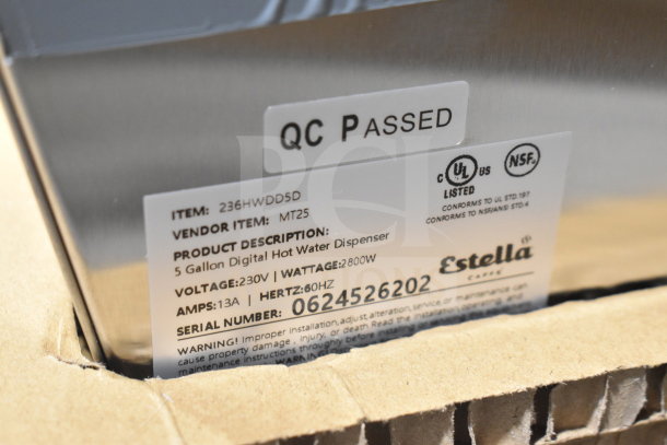 BRAND NEW Estella 236HWDD5D MT25 5 Gallon Hot Water Dispenser. 230V, 2800W. QC Passed label, UL and NSF listed.