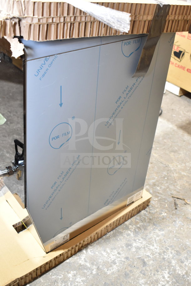 Brand new Estella 236HWDD5D MT25 5-gallon digital hot water dispenser, 230V, with protective film, tap visible, minor packaging damage.