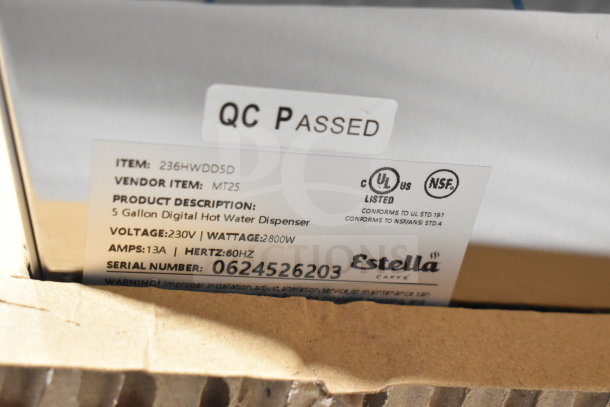 BRAND NEW 2024 Estella 236HWDD5D MT25 Commercial 5 Gallon Digital Hot Water Dispenser, 230V, QC Passed label shown.