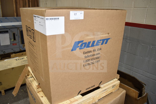 2024 Follett HMD1410RBT Horizon Elite Ice Machine, new, scratch and dent, packaged in branded box with contact info visible.