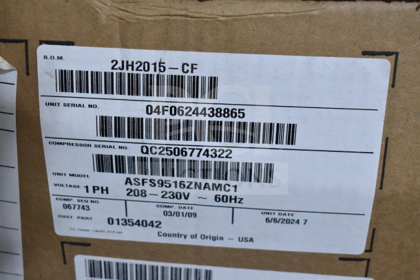 New 2024 Tecumseh 2JH2015-CF Remote Condensing Unit, 208-230V, 1 Ph, labeled showing model and serial numbers.