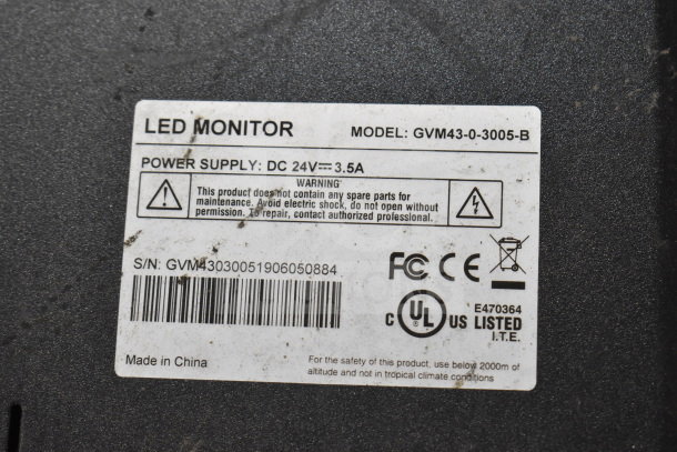 LED monitor model GVM43-0-3005-B, Tecumseh make, serial GVM43030051906050884, made in China, DC 24V power supply.
