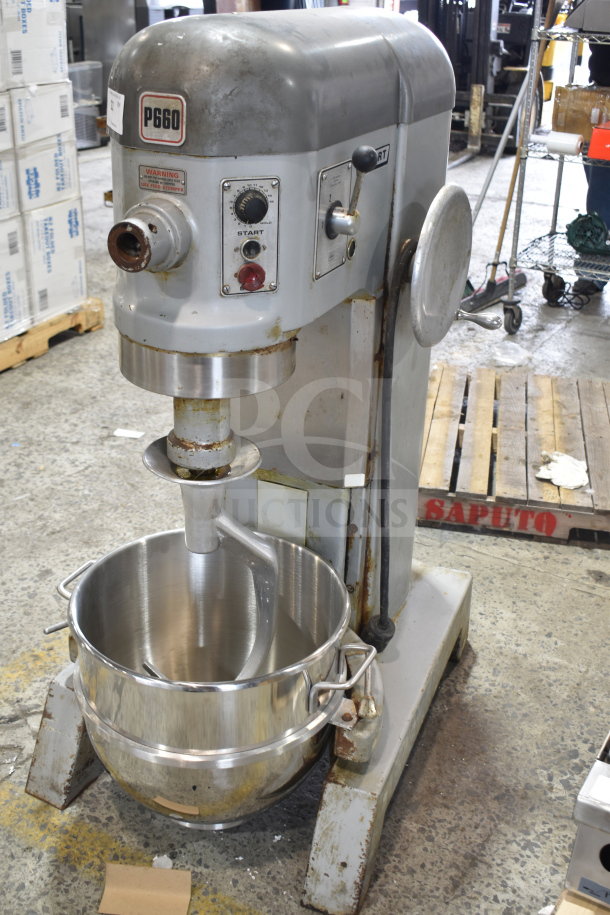 Hobart P660 commercial 60 qt dough mixer with mixing bowl and dough hook, 208-240V, 3 phase, visible wear, model tag shown.