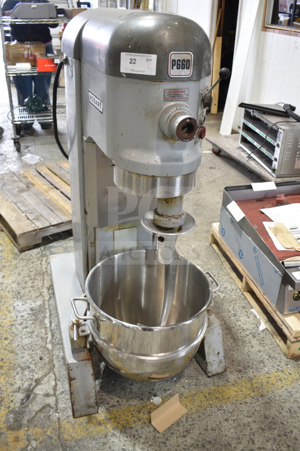 Hobart P660 commercial floor mixer, 60-quart, with mixing bowl and dough hook. 208-240V, 3-phase, used condition.