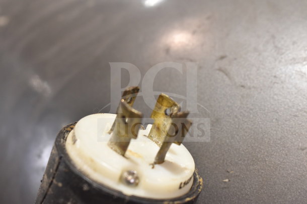 Hobart P660 mixer plug detail, showing worn metal prongs on a white base. Indicates 208-240V, 3-phase setup.