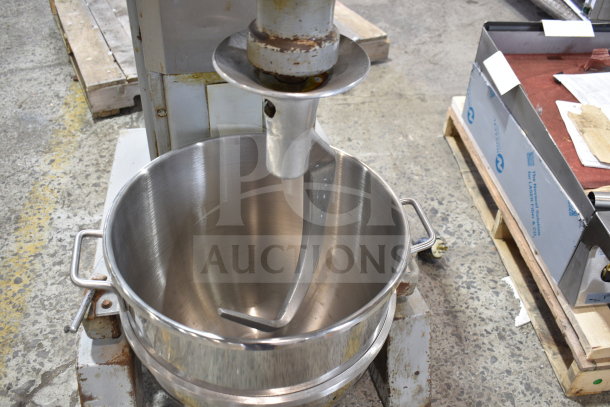 Hobart P660 commercial mixer with 60-quart stainless mixing bowl and dough hook. 208-240V, 3-phase, floor model.