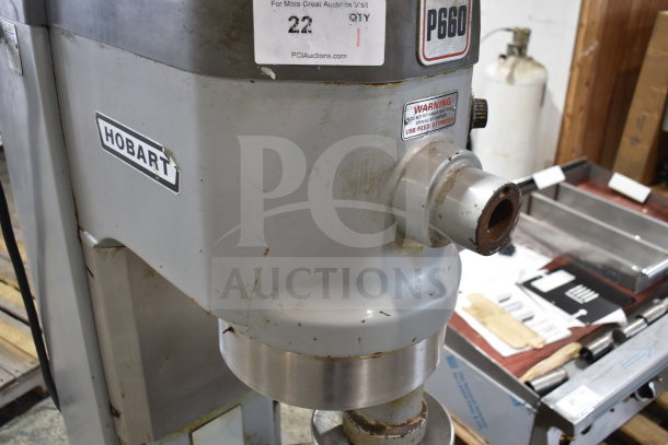 Hobart P660 60-quart dough mixer with bowl and dough hook, 208-240V, 3-phase, visible wear and warning label.