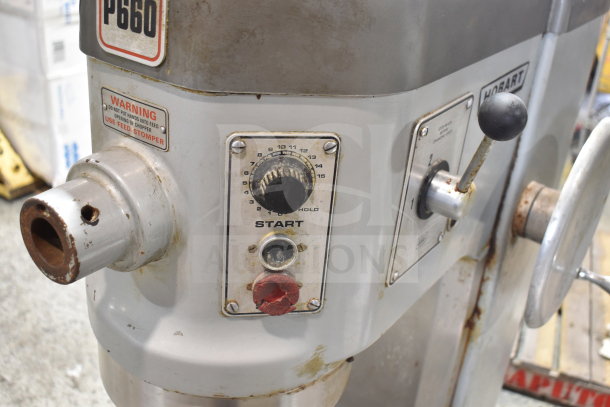 Hobart P660 60 Qt planetary dough mixer with bowl and hook, 208-240V, 3-phase, visible wear, model indicator and controls shown.