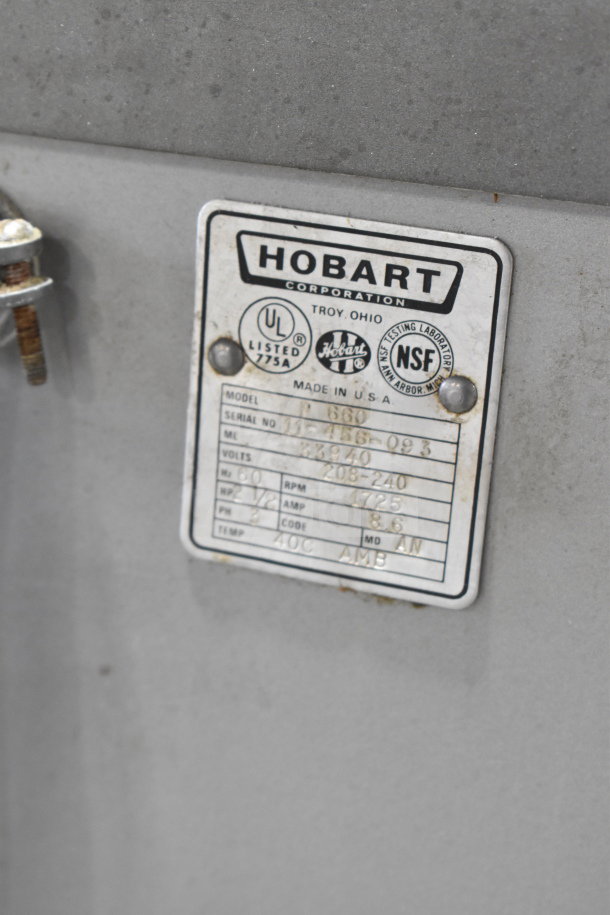 Hobart P660 Commercial Mixer label, showing model and serial numbers, voltage (208-240V), and NSF certification.