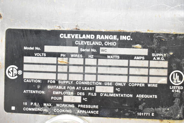Cleveland commercial steam cabinet label, model "WC," 480V, 3-phase. Max pressure 15 PSI. Suitable for 75°C. Serial partially visible.