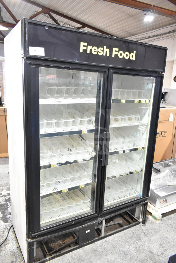 True Commercial 2 Door Reach-In Cooler Merchandiser, features glass doors, "Fresh Food" display, 115V, 1 Phase, used condition.