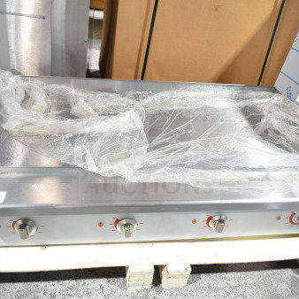BRAND NEW Cooking Performance Group G-CPG-48-M 48" electric countertop griddle, 208/240V, wrapped in plastic, with minor scratches.
