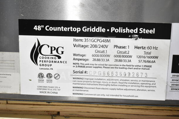 Brand new Cooking Performance Group 351GCPG48M 48" electric countertop griddle. Voltage: 208/240V. Polished steel.