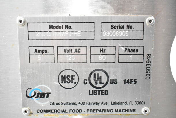 JBT 2nd-Gen-MFJ-HE citrus juicer label, 115V, 1 phase, missing back left caster, features voltage, amps, and certification details.