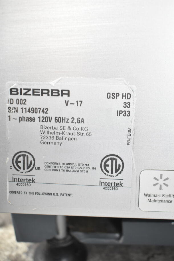 2017 Bizerba GSP HD commercial meat slicer label, showing model, voltage, and certifications.