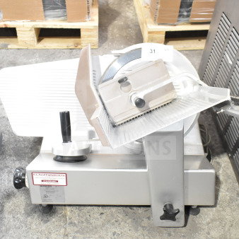 Bizerba SE 12 U commercial meat slicer, 120V, countertop model. Silver with safety guide, clean and well-maintained.