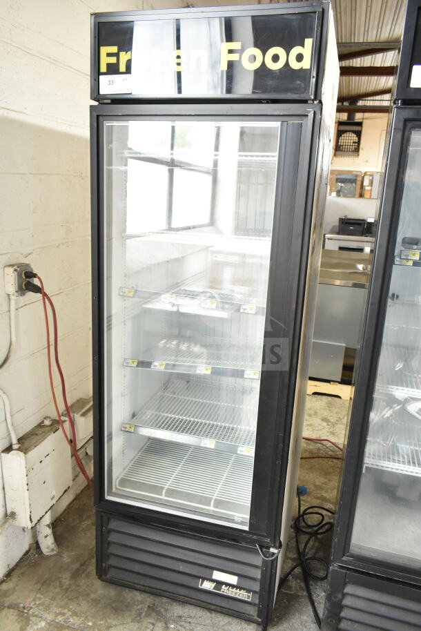 True GDM-23F Single Door Commercial Freezer, glass door, interior shelves, "Frozen Food" sign, 115V, 1 Phase.