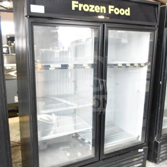 2016 True GDM-49F-HC commercial 2-door freezer merchandiser, black exterior, clear doors, "Frozen Food" label, excellent condition.
