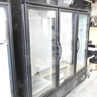 2019 True GDM-72-HC 3 Door Reach-In Cooler Merchandiser, black exterior, with "DAIRY" header. 115 Volts, 1 Phase.