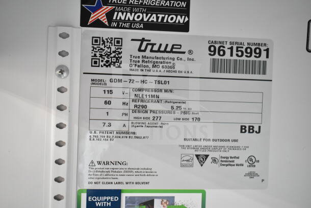 2019 True GDM-72-HC Commercial 3 Door Cooler label showing model, serial number, voltage, refrigerant, and safety warnings.