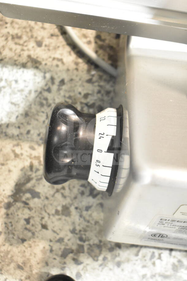 2017 Bizerba GSP H Meat Slicer, 120V, counter knob close-up, shows precision settings. ETL label visible.