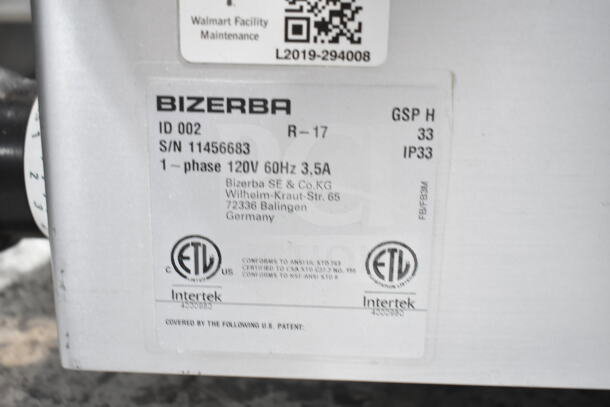 2017 Bizerba GSP H meat slicer, 120V, 1 phase. Features ETL certification and serial number 11456683. Made in Germany.