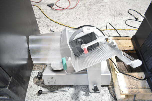 2017 Bizerba GSP H Commercial Meat Slicer, silver, 120V, 1 phase, excellent condition, visible control dials and safety guard.