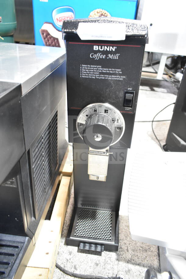 2025 Bunn G3 HD Black Bulk Coffee Grinder, 3 lb capacity, shows dial settings and start switch, in good condition.