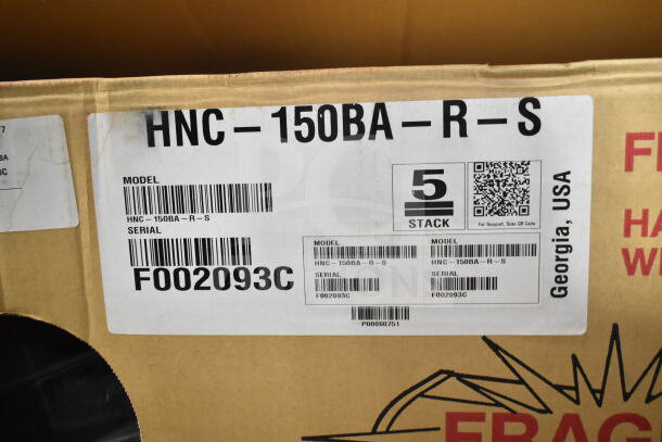 Box label for Hoshizaki HNC-150BA-R-S sushi display case. Includes model and serial number F002093C, with "5 stack" label.