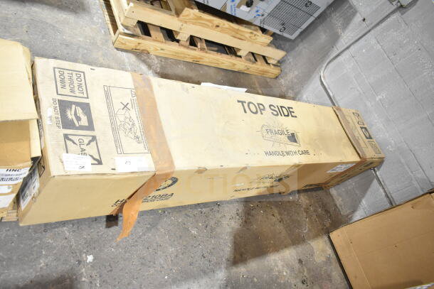 Brand new 2021 Hoshizaki HNC-210BA-L-SLH refrigerated sushi display case, 83", in box with "fragile" and "handle with care" labels.