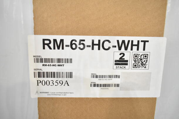 Label for Hoshizaki RM-65-HC-WHT, serial P00359A, with warning about cancer and reproductive harm. Model and stack info visible.