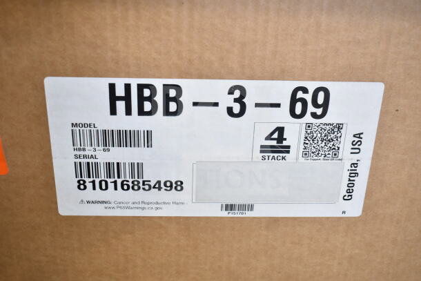 Hoshizaki HBB-3-69 back bar refrigerator label showing model, serial number 8101685498, and safety warning.