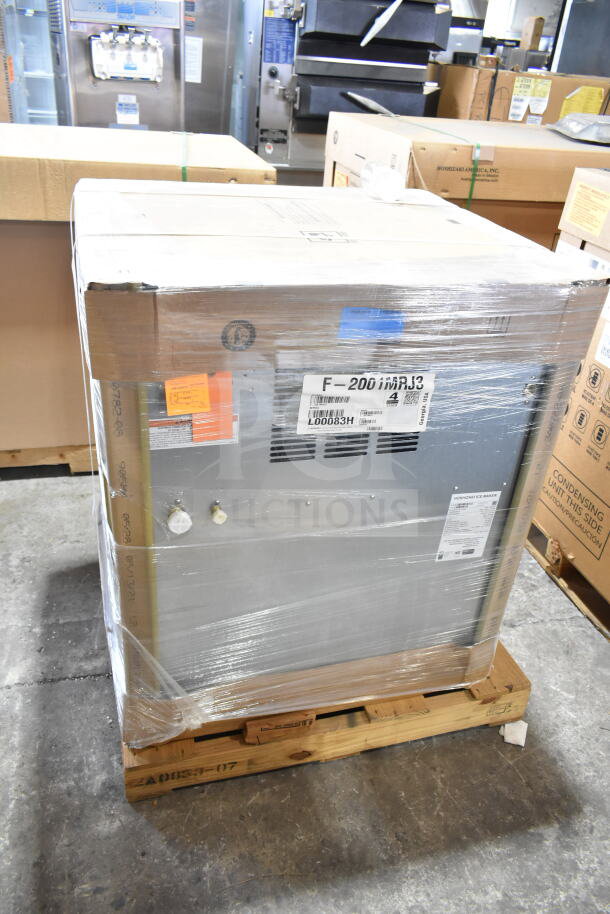 Brand new 2021 Hoshizaki F-2001MRJ3 commercial icemaker, remote cooled, wrapped on pallet, scratch and dent condition.