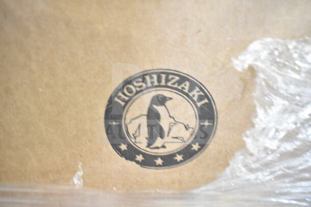 Hoshizaki logo on packaging for 2021 Hoshizaki F-2001MRJ3 Commercial Flaker Icemaker, brand new with scratches.