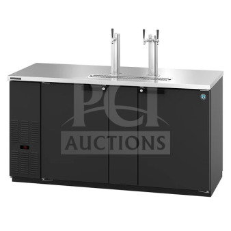 A brand new Hoshizaki DD69 kegerator, black, single/double tap, 3 half-keg capacity, 115V, 1 phase, slight scratch and dent.