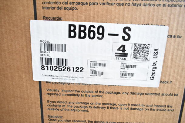 Hoshizaki BB69-S back bar refrigerator packaging label with model and serial number, 115 volts, 1 phase.