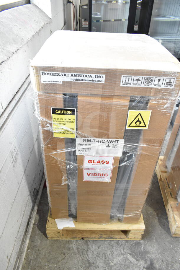 Brand new 2024 Hoshizaki RM-7-HC-WHT countertop refrigerator in packaging, single section glass door, 115V, 1 phase.