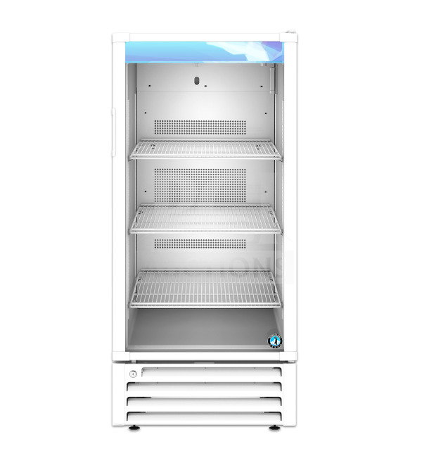 Brand new Hoshizaki RM-10-HC-WHT refrigerator, single section, glass door, 115V, with shelving, minor cosmetic dents.