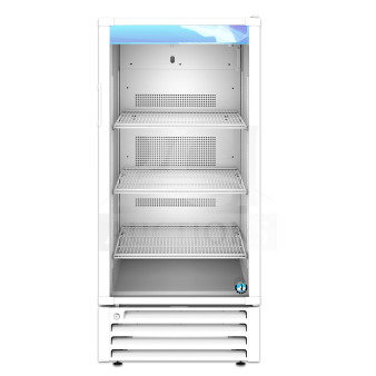 Brand new Hoshizaki RM-10-HC-WHT refrigerator, single section, glass door, 115V, with shelving, minor cosmetic dents.