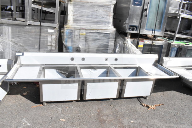 BRAND NEW Regency 600S32424218 commercial 3 bay sink with dual drain boards, scratch and dent, no legs included.