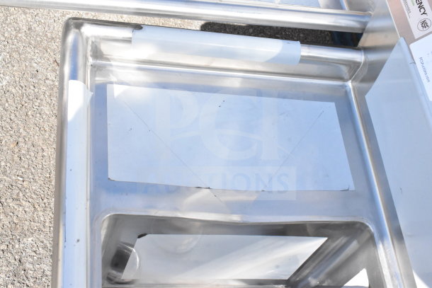 "Brand new Regency 600S31416212 commercial 3 bay sink with dual drain boards, stainless steel, scratch and dent condition."