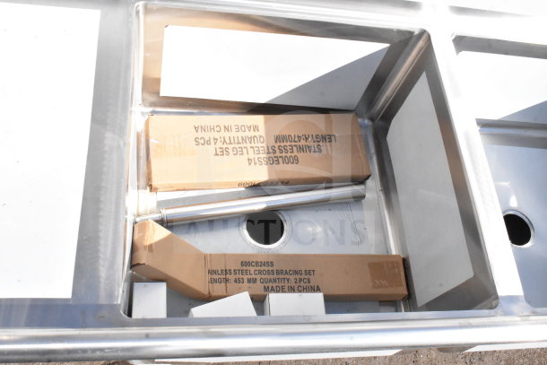 Brand new Regency 600S32424224 commercial 3 bay sink with dual drain boards, stainless steel. Includes cross-bracing set.